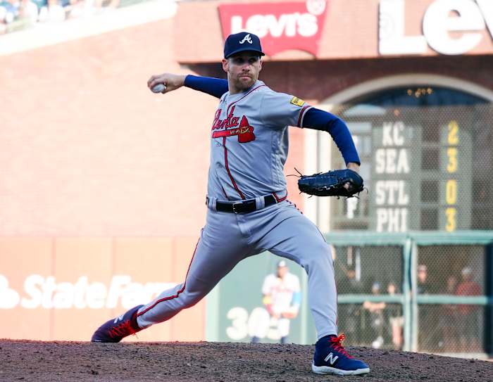 Aug 27, 2023; San Francisco, California, USA; Atlanta Braves relief pitcher Collin McHugh (32) pitches the ball against the San Francisco Giants during the sixth inning at Oracle Park.
